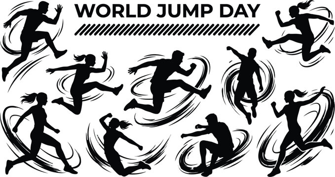 World jump day seamless pattern with black silhouettes of people jumping and exercising for active health and fitness concept