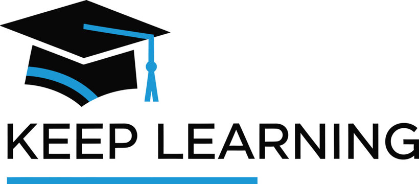 Keep learning text logo with a blue and black graduation cap icon for education