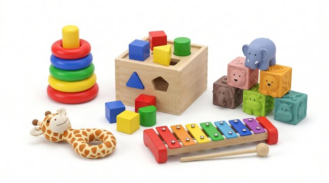 Colorful assortment of classic wooden and soft baby toys for early childhood development and playful learning