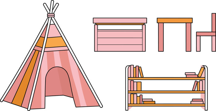 Childrens room furniture set including a teepee tent table chair and bookshelf flat vector illustration for kids interior design