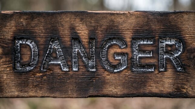 Wooden DANGER text burnt charred texture