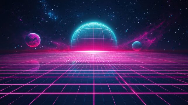 Futuristic gridded landscape with glowing planets