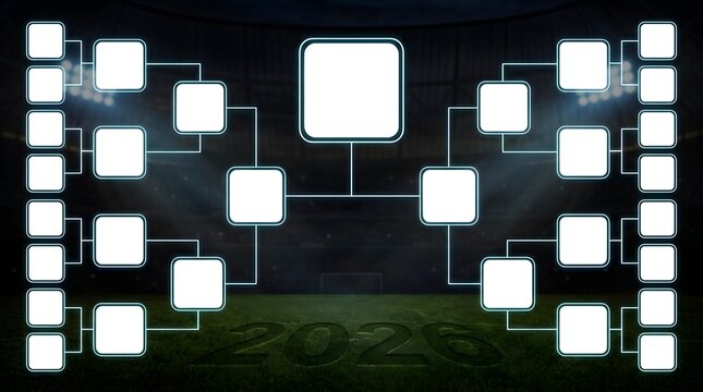 Soccer competition bracket template with rendered imaginary stadium background representing football tournament and sports event planning concept