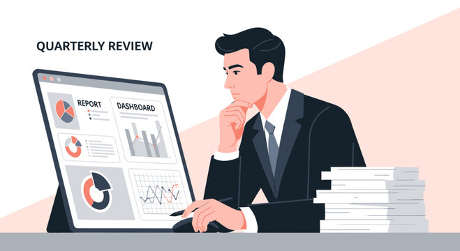 Businessman analyzing data on a laptop, quarterly review concept