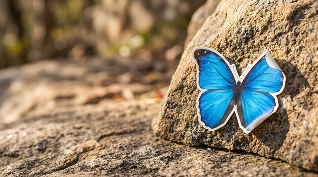 Blue morpho butterfly paper sticker placed on a rough natural stone