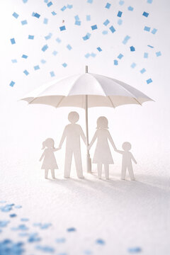 Paper family under a white umbrella with confetti falling