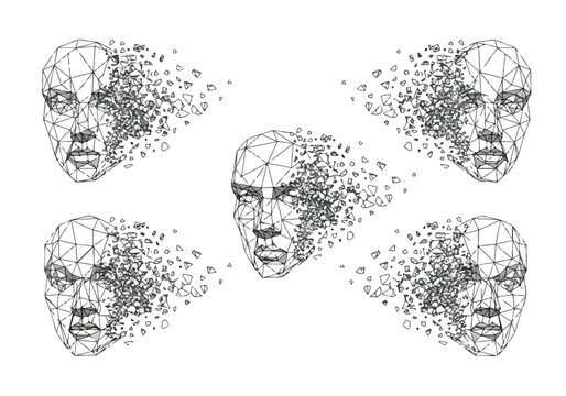 Facial recognition technology concept with multiple human faces dissolving into particles