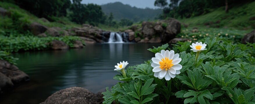 Air terjun menawan dikelilingi bunga teratai putih di danau tenang dan jernih.