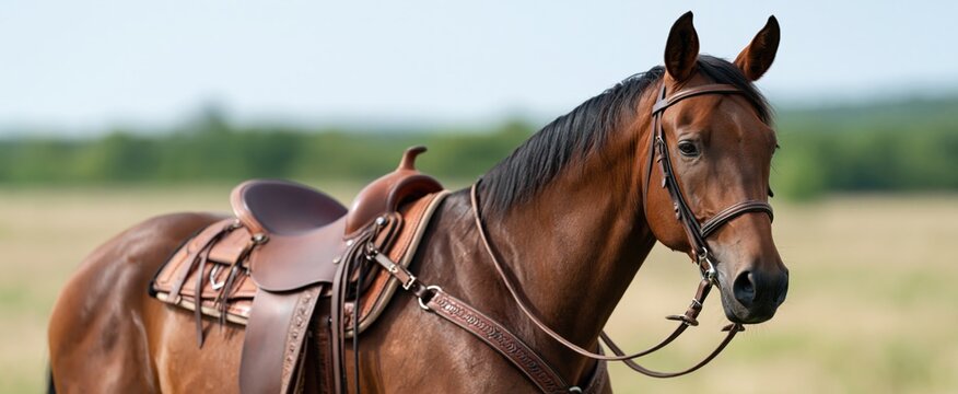 Brown horse with saddle and bridle poised in sunny field ready for riding --hd