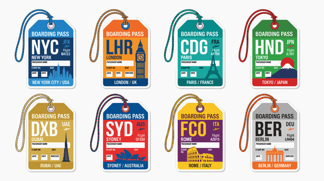 Retro Boarding Pass Luggage Tag Vector Collection with International Airport Destinations and Vintage Travel Labels