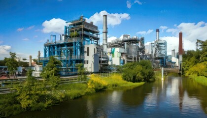 Obraz premium Industrial Plant Reflecting in Water Under a Blue Sky.