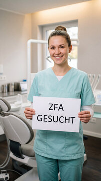 L&auml;chelnde junge ZFA in t&uuml;rkis Scrubs h&auml;lt wei&szlig;es Schild ZFA gesucht in deutscher Zahnarztpraxis &ndash; authentisches Dental Recruiting