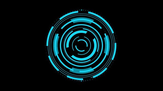 A moving blue high-tech digital technology circle isolated on a black background. HUD round frames, aim control, digital interface. HUD technology. 4K 3D loop animation at 60 fps.