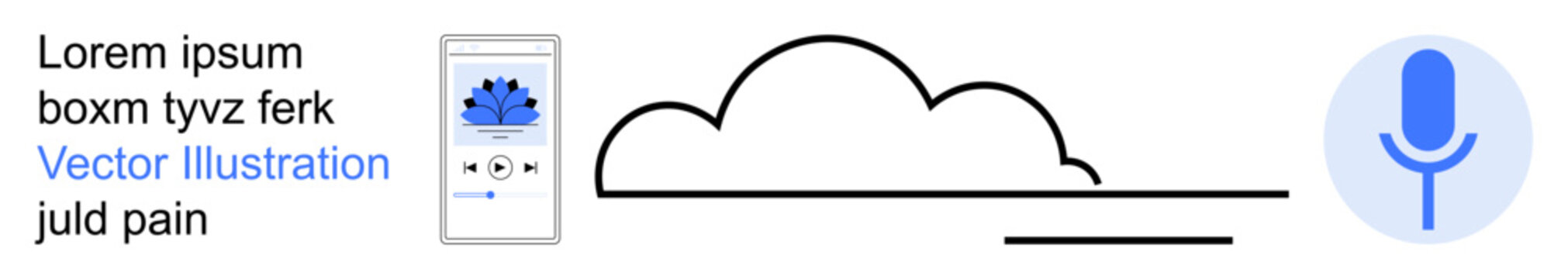 Cloud storage, digital communication, media streaming, voice control, technology, automation. A phone with audio playback, a cloud icon and a microphone graphic. Cloud storage and digital