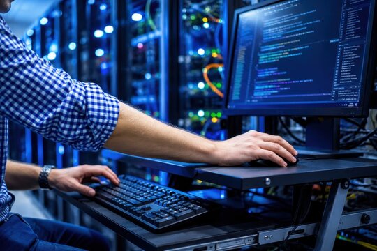 A man in a blue and white shirt works on a computer in a data center.