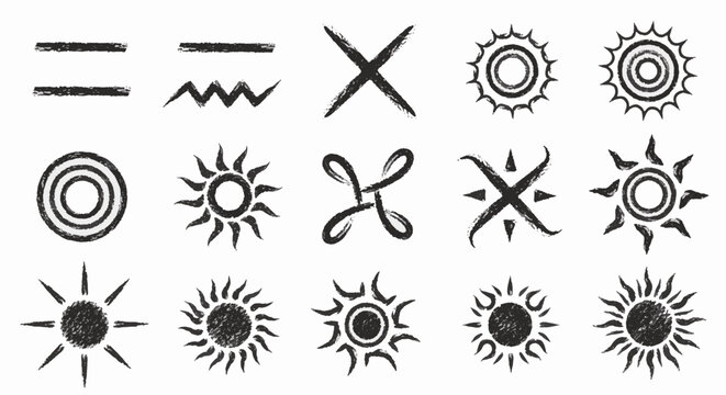 Minimalist hand-drawn sun icon featuring a circular core and radiating rays in a textured chalk or crayon style, isolated on a white background for graphic design.