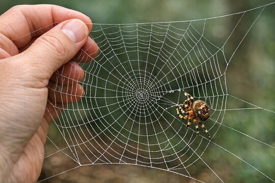 Close-up of a person holding a spider web in their hand, with details on the web and the person's fingers
