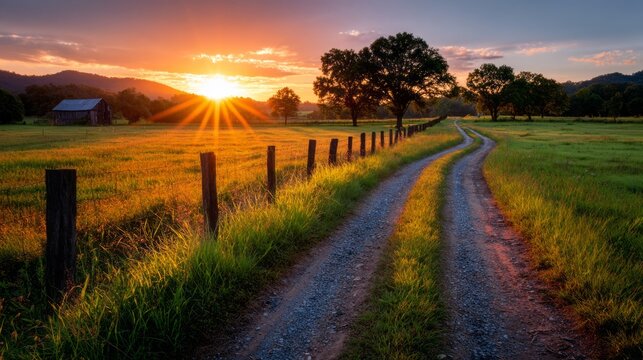 Golden sunlight glimmers across a peaceful countryside road lined with wooden posts. A soft breeze rustles the grass, inviting evening calm. The distant barn stands as a witness to nature's beauty