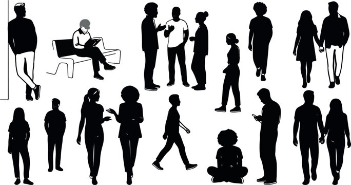 People silhouettes collection, diverse crowd of men and women in various poses, black and white human figures vector set for architectural visualization