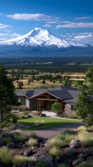 Fototapeta premium A stunning modern home showcases its beauty against a backdrop of a snow-capped mountain. Lush greenery surrounds the property, capturing the essence of peaceful living