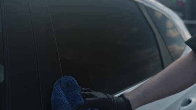 White Detailer Polishing Side Window Glass, Gloved Hand Using Microfiber To Remove Smudges And Glare, Chrome