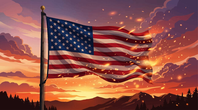 American flag waves amidst flames at sunset with mountains USA