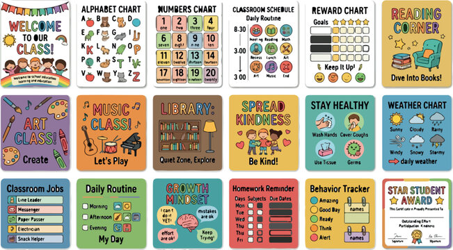 Educational classroom poster set with 18 colorful charts, preschool learning wall decor, elementary school teacher resources and behavior trackers
