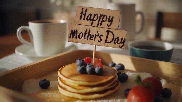 A stack of pancakes with berries and a Happy Mother's Day sign on a wooden tray next to coffee cups and fruit