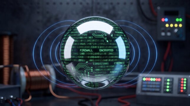 One polished chrome ball bearing reflecting green computer code while levitating in a dark tech laboratory during a simulation.