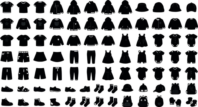 Baby clothing silhouette icons set, infant apparel and kids fashion garment collection, flat vector children wear outlines for retail and catalog