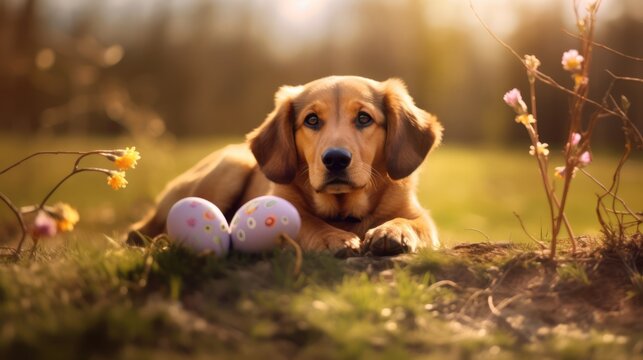 A charming golden puppy shares a peaceful moment in a sunlit field alongside colorful Easter eggs.