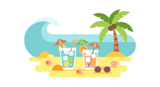 Beach animation scene with colorful drinks on sandy shore beside palm tree