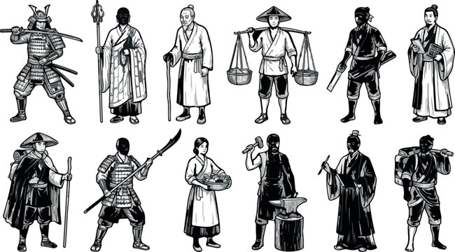 Vintage Japanese characters set, traditional Edo period people vector illustrations, black and white samurai and villager sketches, 12 historical figures