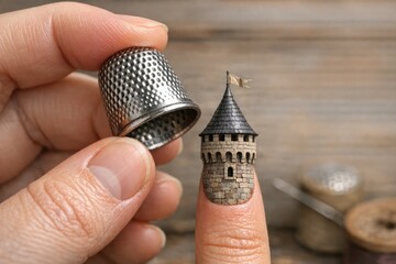 Fototapeta premium A person holding a silver ring with a medieval-style castle depicted on it