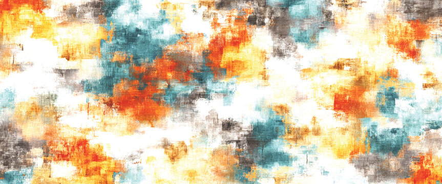Abstract textured paint splashes in orange teal and grey with black organic shapes on a white background