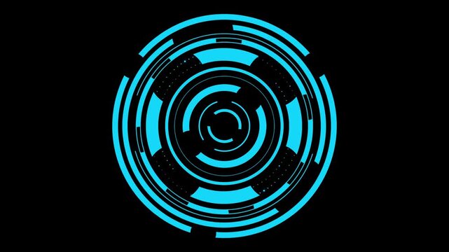 A moving blue high-tech digital technology circle isolated on a black background. HUD round frames, aim control, digital interface. HUD technology. 4K 3D loop animation at 60 fps.