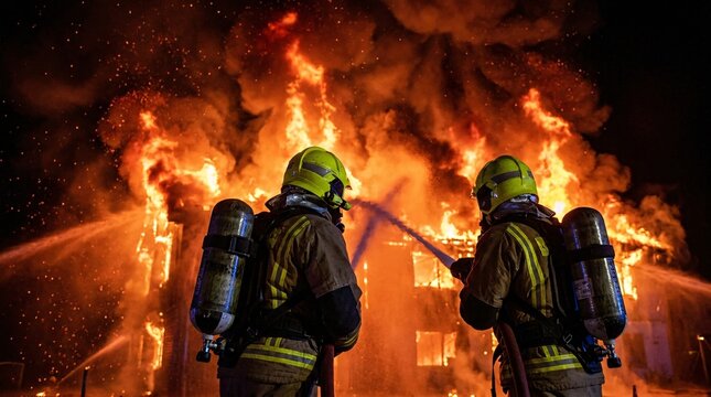 Two brave firefighters wearing heavy turnout gear and yellow helmets face a massive roaring inferno with glowing orange flames and smoke.