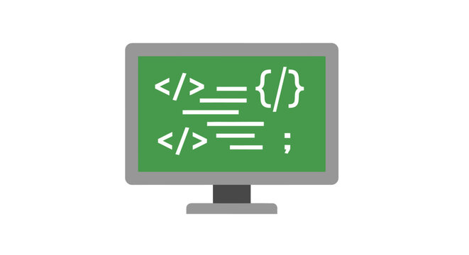 Illustration of a computer screen displaying coding symbols and lines of text