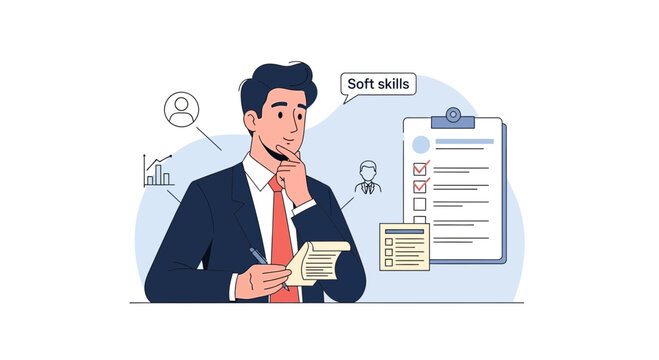 Businessman considering soft skills for career development and assessment