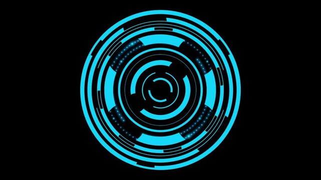 A moving blue high-tech digital technology circle isolated on a black background. HUD round frames, aim control, digital interface. HUD technology. 4K 3D loop animation at 60 fps.