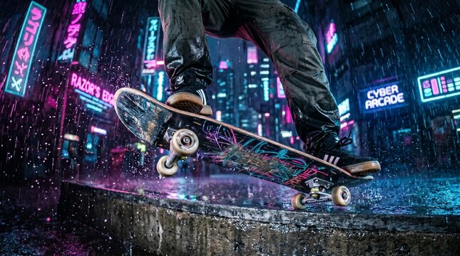 Action shot of skateboarder riding on wet concrete during rain in cyberpunk style city with neon lights


