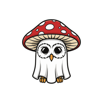 Mascot illustration of a whimsical creature combining a forest owl with a spectral ghost and a red spotted mushroom cap, featuring large glowing eyes and spread wings on white background.