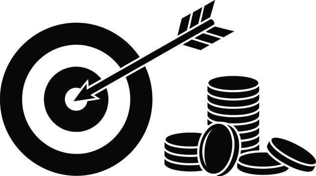 Dart hitting bullseye target with stacked coins for financial success and investment concept