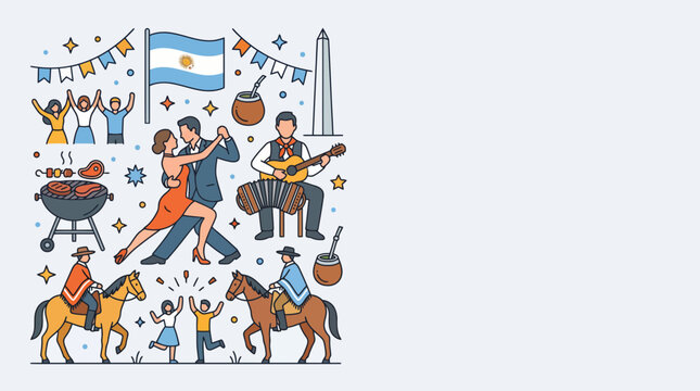 Hand drawn doodle illustration of Argentina cultural icons and traditions.