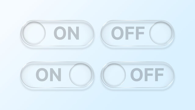 Modern Liquid Glass On Off Toggle Switch Buttons, Transparent Glassmorphism UI Control Elements for Mobile App and Website Interface Vector Illustration