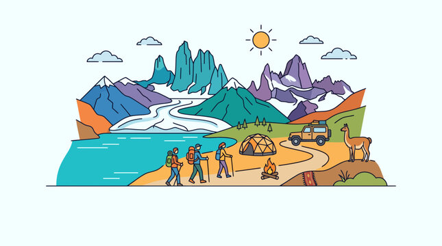 Flat illustration of hikers exploring mountainous landscape with glacier and tent.