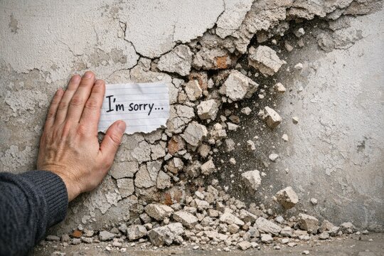 A person apologizing with a handwritten note saying 'I'm Sorry'