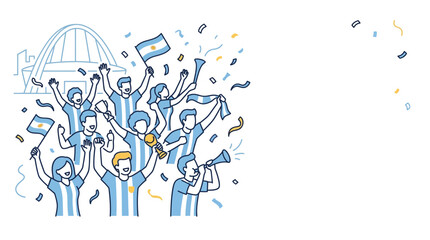 Group of enthusiastic soccer fans cheering for the Argentina national team. © Zayn Baraka