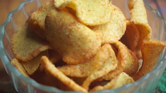 Basreng, fried meatball chips with spicy seasoning, an Indonesian street food.
