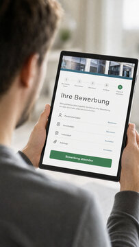 &Uuml;ber Schulter Aufnahme Mann am Tablet mit Online Bewerbung Ihre Bewerbung Formular &ndash; digitale Bewerbung Konzept Recruiting